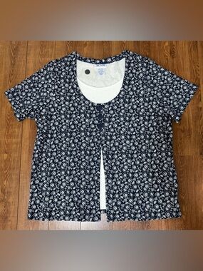 Women’s Navy/White Floral Layered-Style Short Sleeve Top by Blair -Size XLG- New